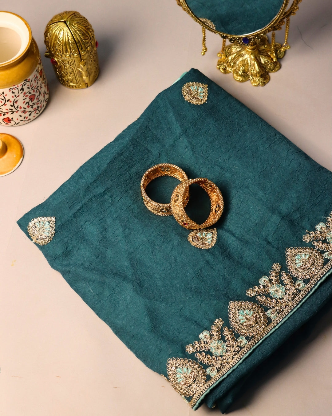 Teal Blue Embroidered Designer Saree