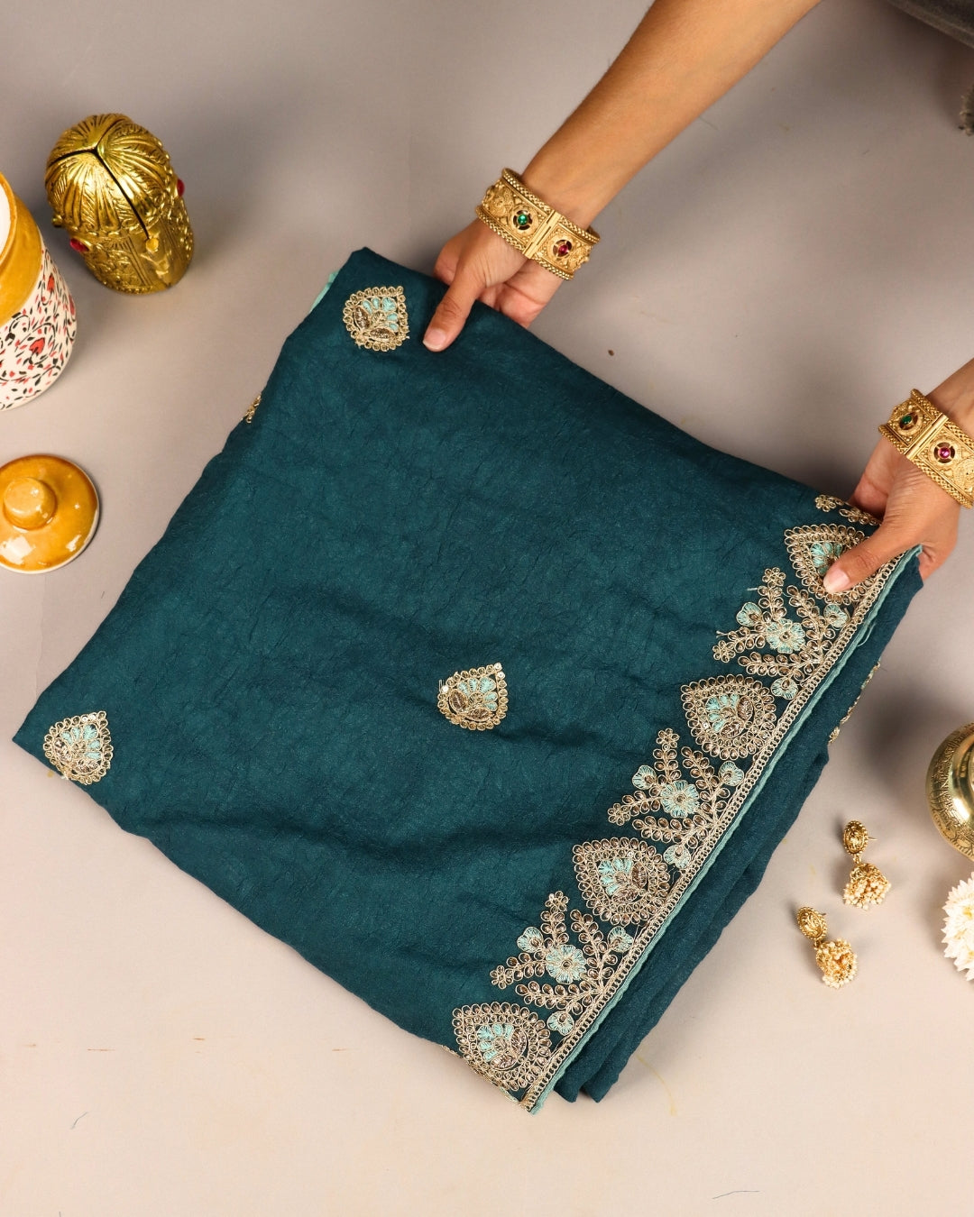 Teal Blue Embroidered Designer Saree