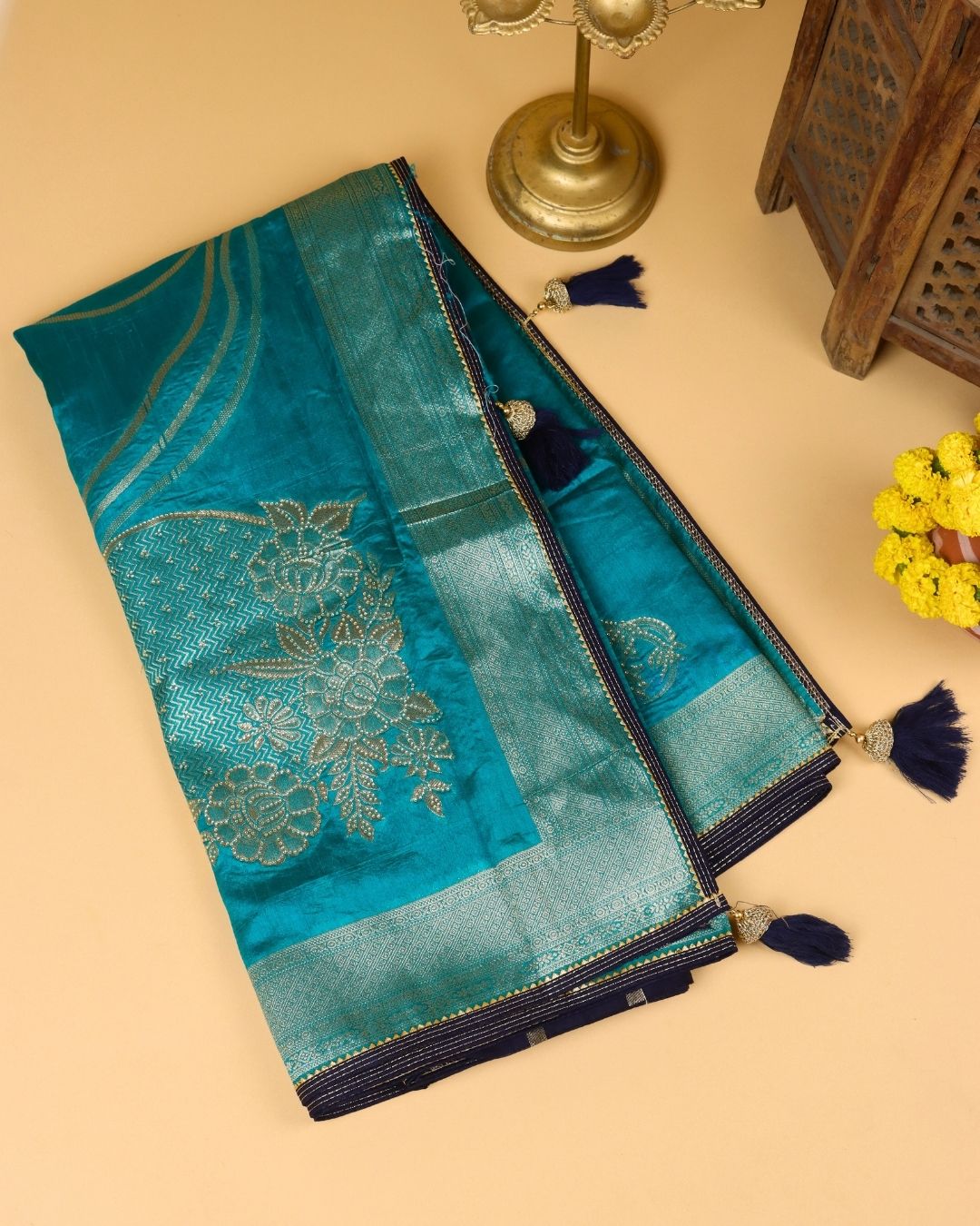 Ocean Teal Mashru Silk Saree