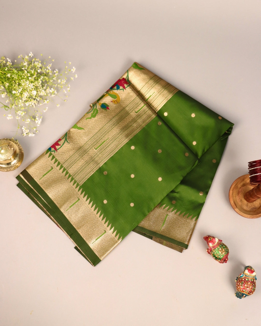 Emerald Green Paithani Silk Saree with Golden Zari Border