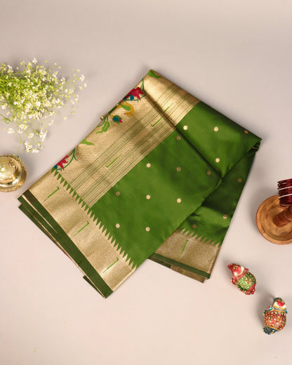 Emerald Green Paithani Silk Saree with Golden Zari Border