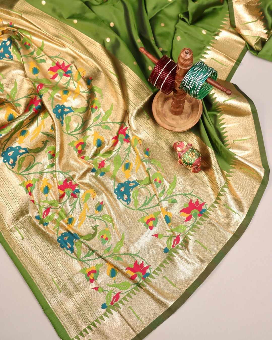 Emerald Green Paithani Silk Saree with Golden Zari Border