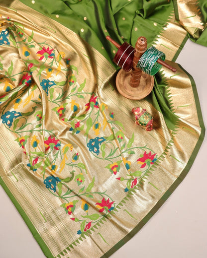 Emerald Green Paithani Silk Saree with Golden Zari Border