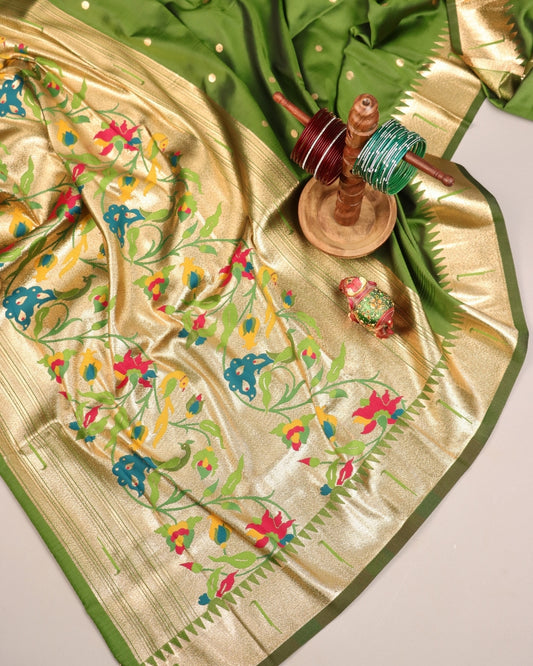 Emerald Green Paithani Silk Saree with Golden Zari Border