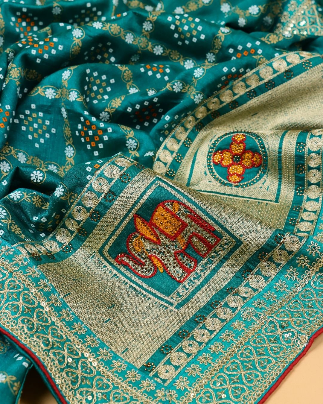 Teal Green Blended Silk Bandhani Saree