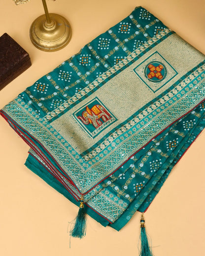 Teal Green Blended Silk Bandhani Saree