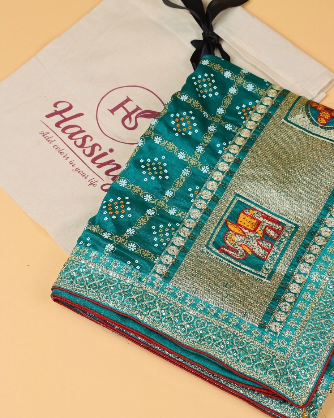 Teal Green Blended Silk Bandhani Saree