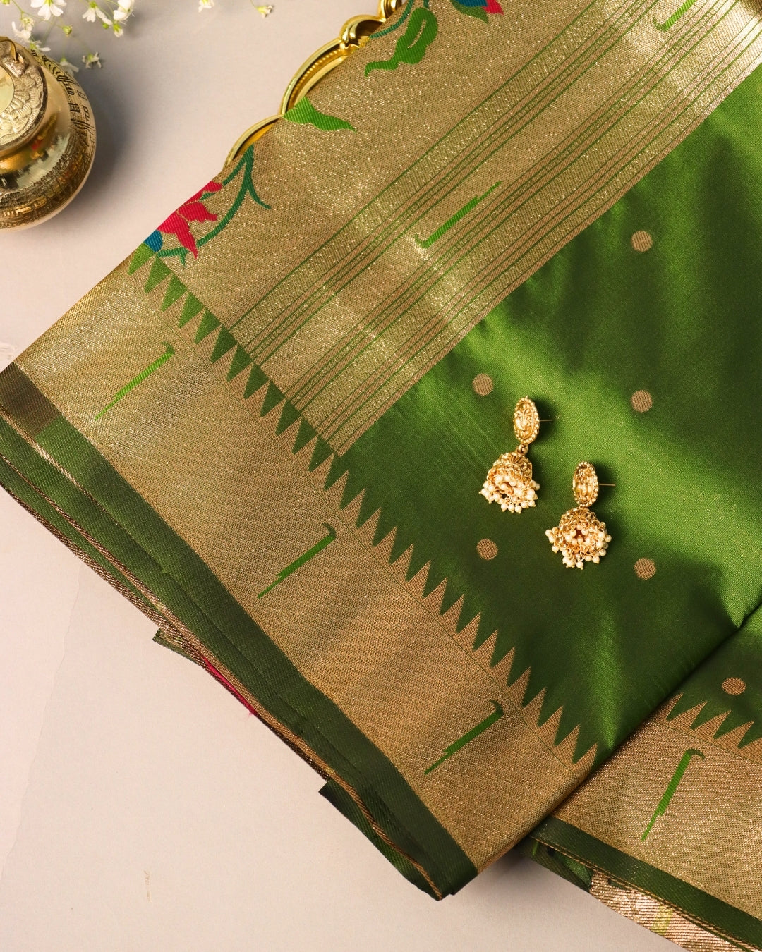 Emerald Green Paithani Silk Saree with Golden Zari Border