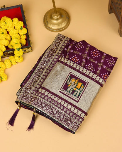 Wine Red Blended Bandhani Saree