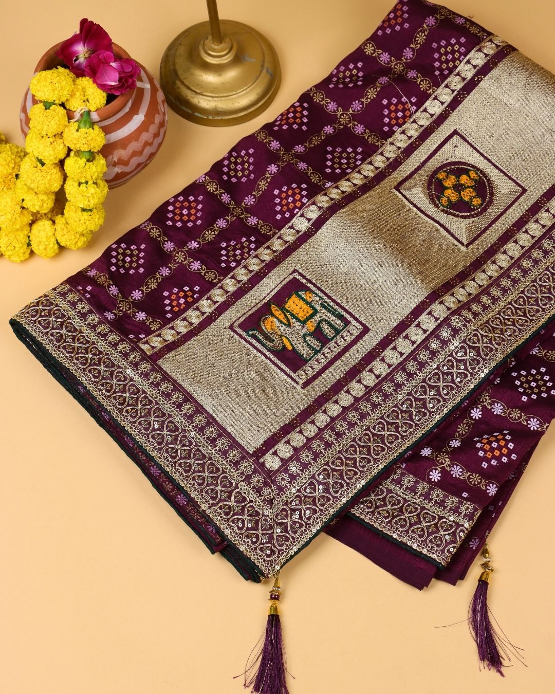 Wine Red Blended Bandhani Saree