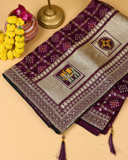 Wine Red Blended Bandhani Saree