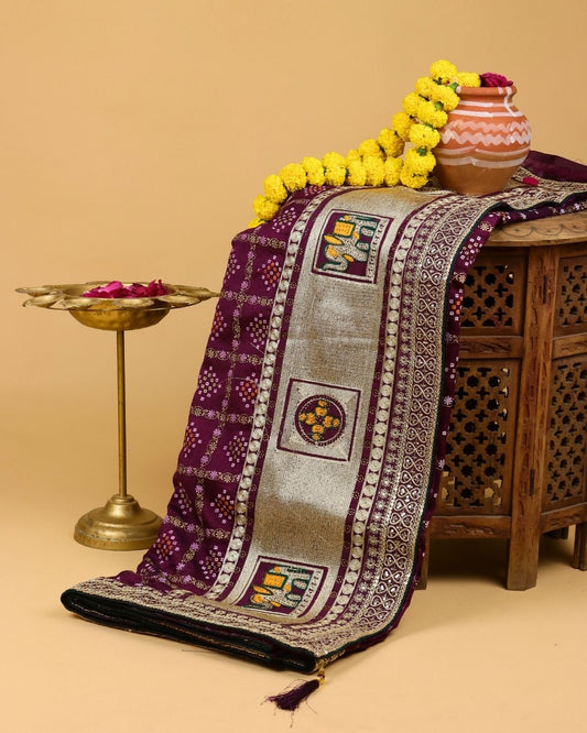 Wine Red Blended Bandhani Saree