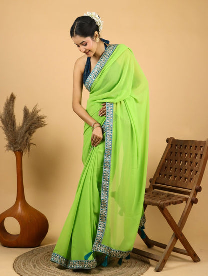 Lime green Georgette Saree