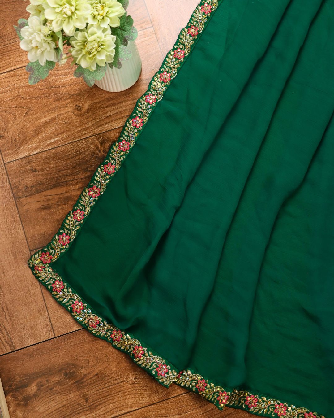 Emerald Green Embroidered Silk Saree