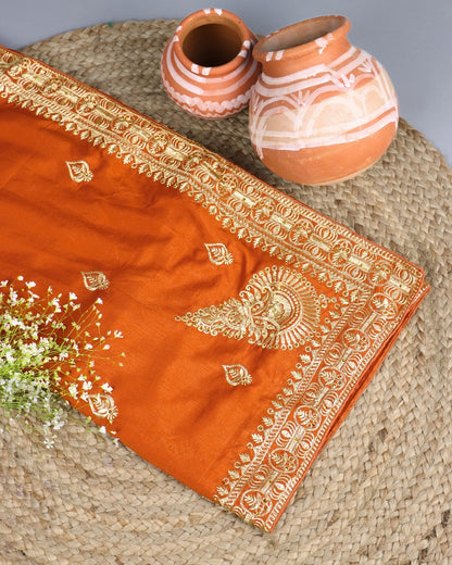 Rust Orange Silk Saree with Zari Embroidery Border