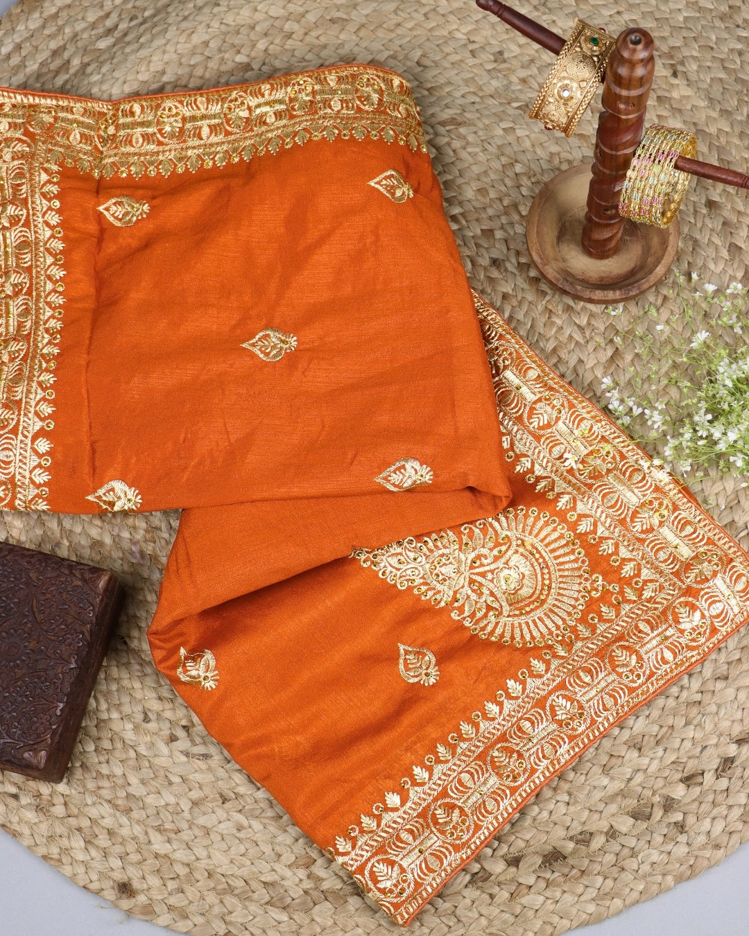 Rust Orange Silk Saree with Zari Embroidery Border