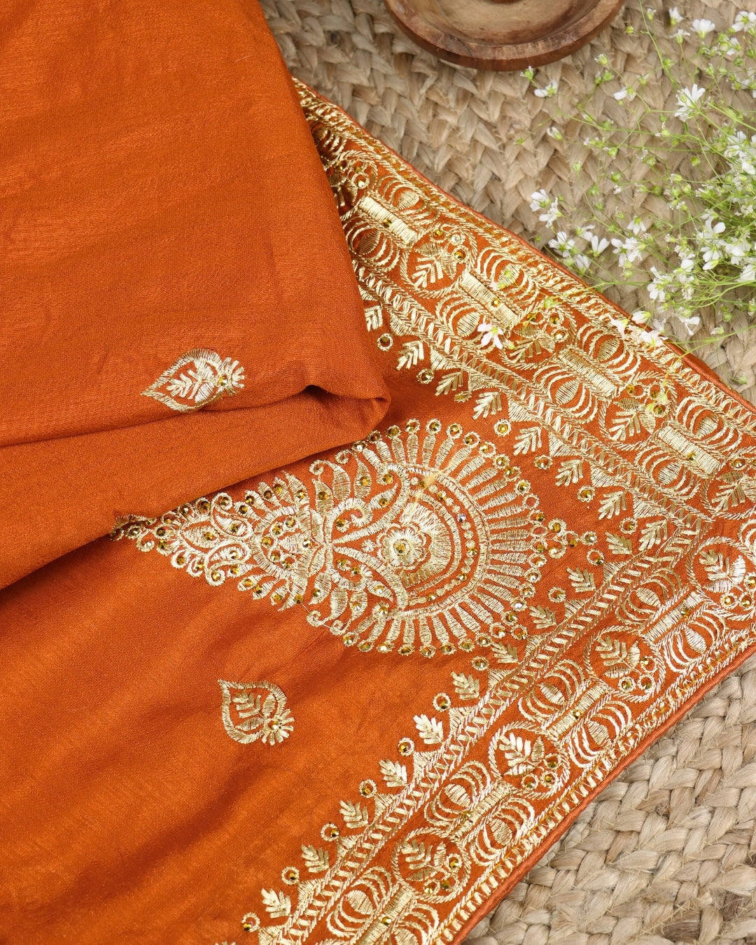 Rust Orange Silk Saree with Zari Embroidery Border