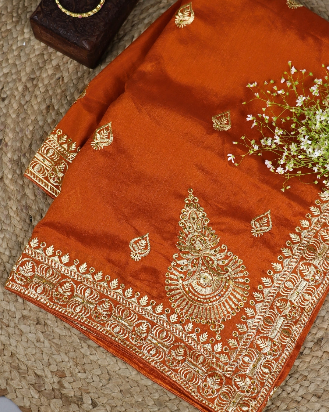 Rust Orange Silk Saree with Zari Embroidery Border