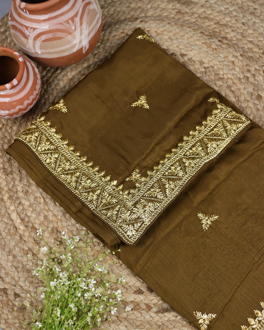 Earthy Brown Embroidered saree