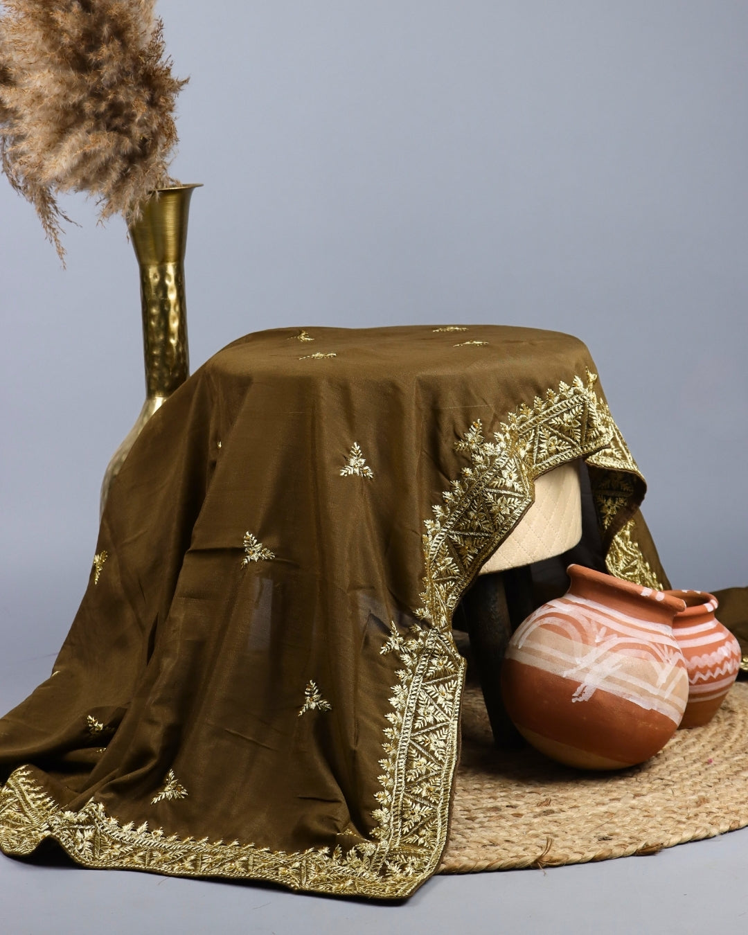 Earthy Brown Embroidered saree