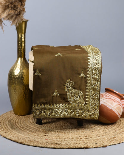Earthy Brown Embroidered saree