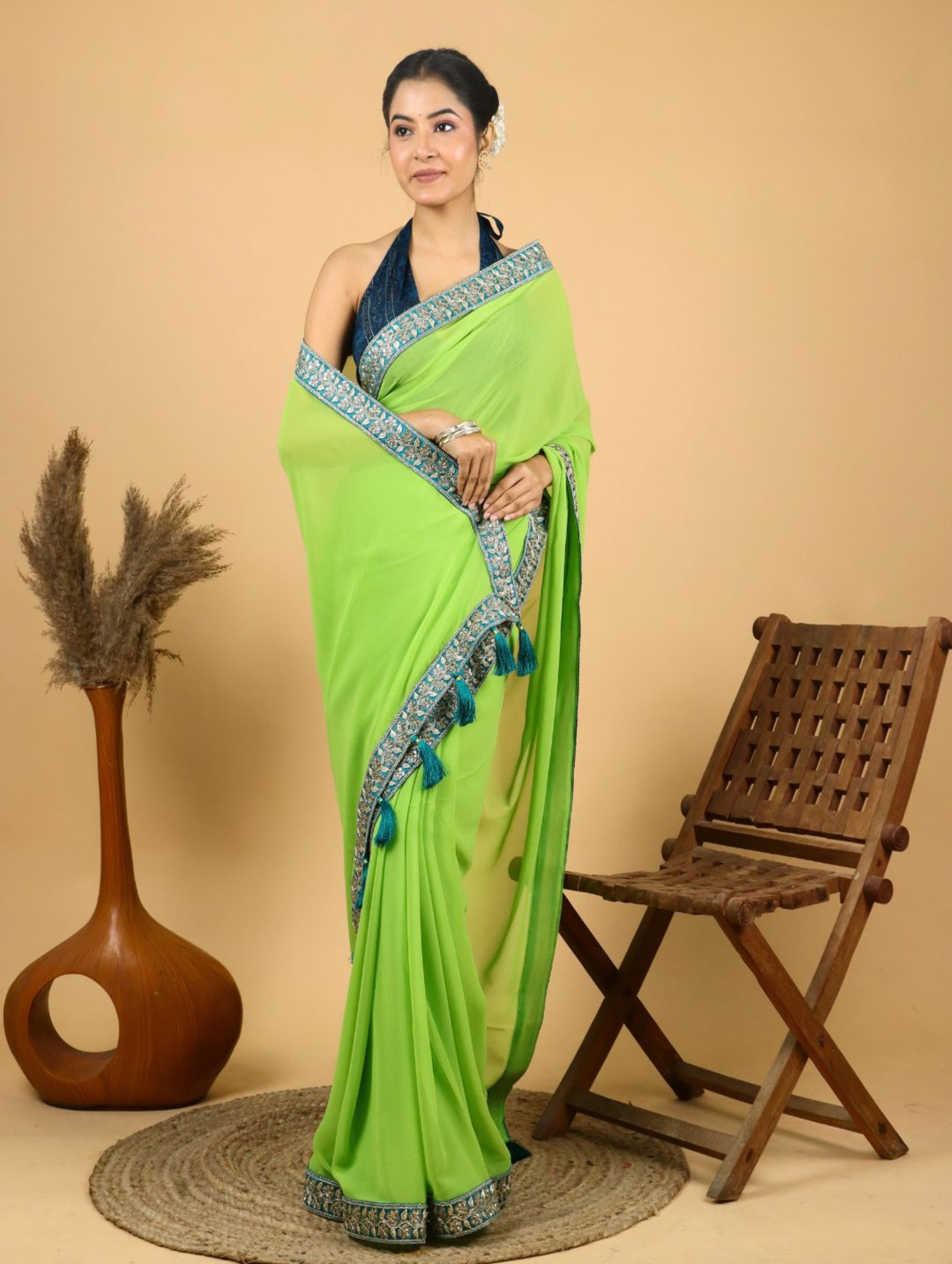 Lime green Georgette Saree