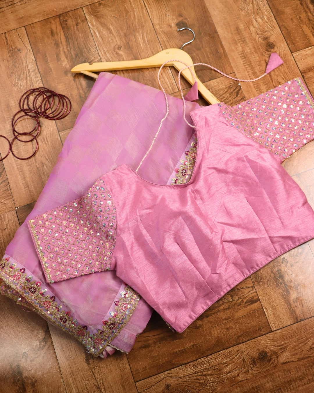 Rose Pink Saree with Hand Embroidered Designer Blouse