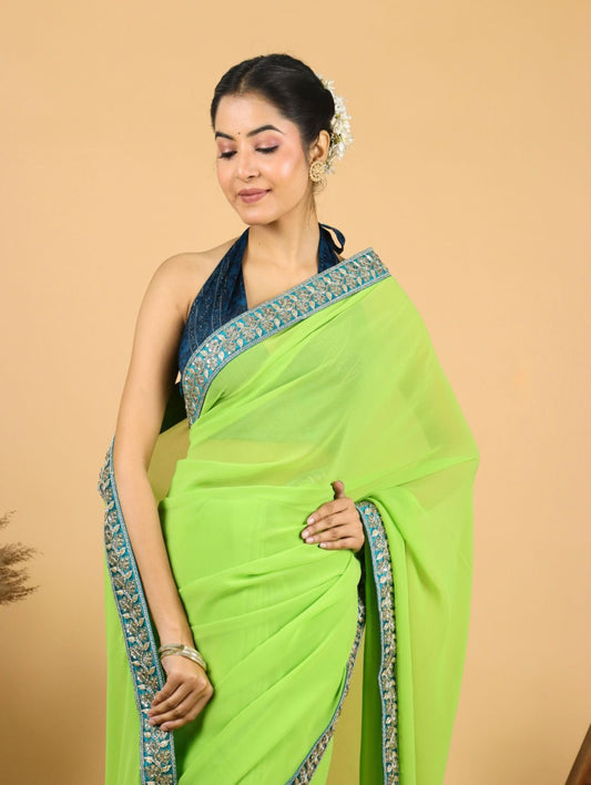 Lime green Georgette Saree