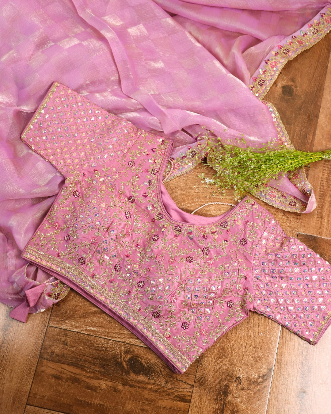 Rose Pink Saree with Hand Embroidered Designer Blouse
