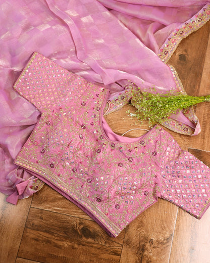 Rose Pink Saree with Hand Embroidered Designer Blouse