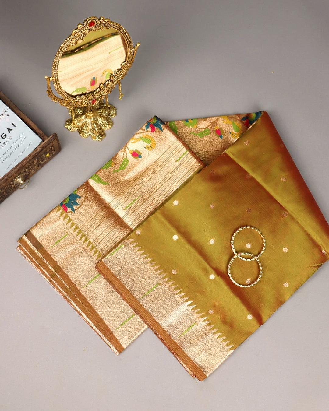 Golden olive Paithani Silk Saree