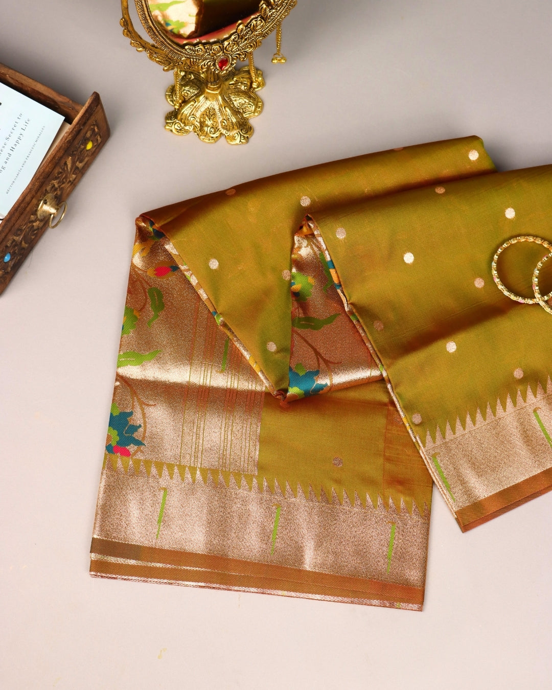 Golden olive Paithani Silk Saree
