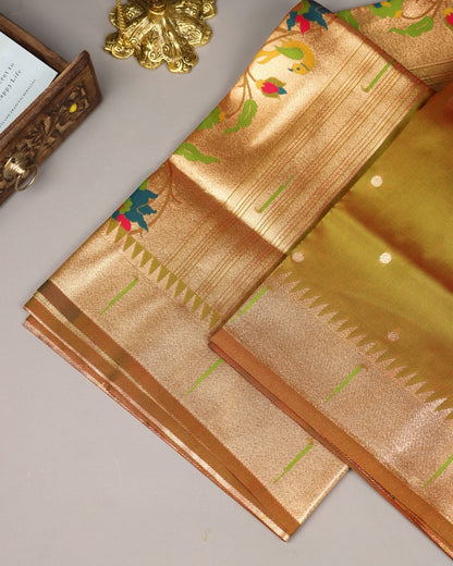 Golden olive Paithani Silk Saree