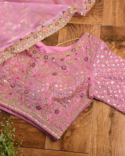 Rose Pink Saree with Hand Embroidered Designer Blouse