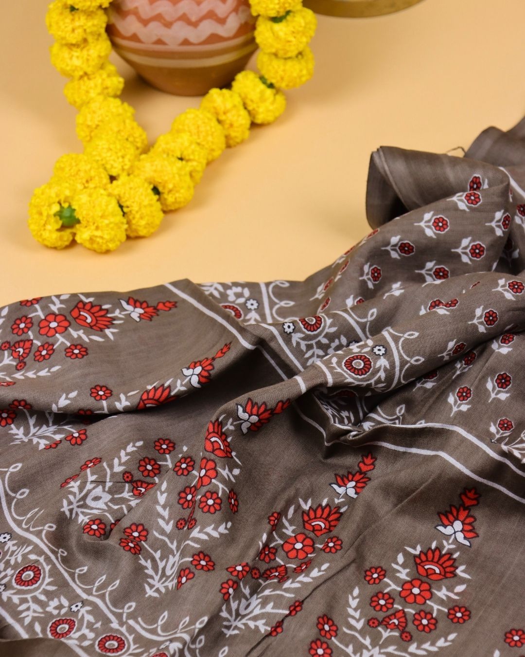 Mocha Brown with Floral Detailing Mul Cotton Saree
