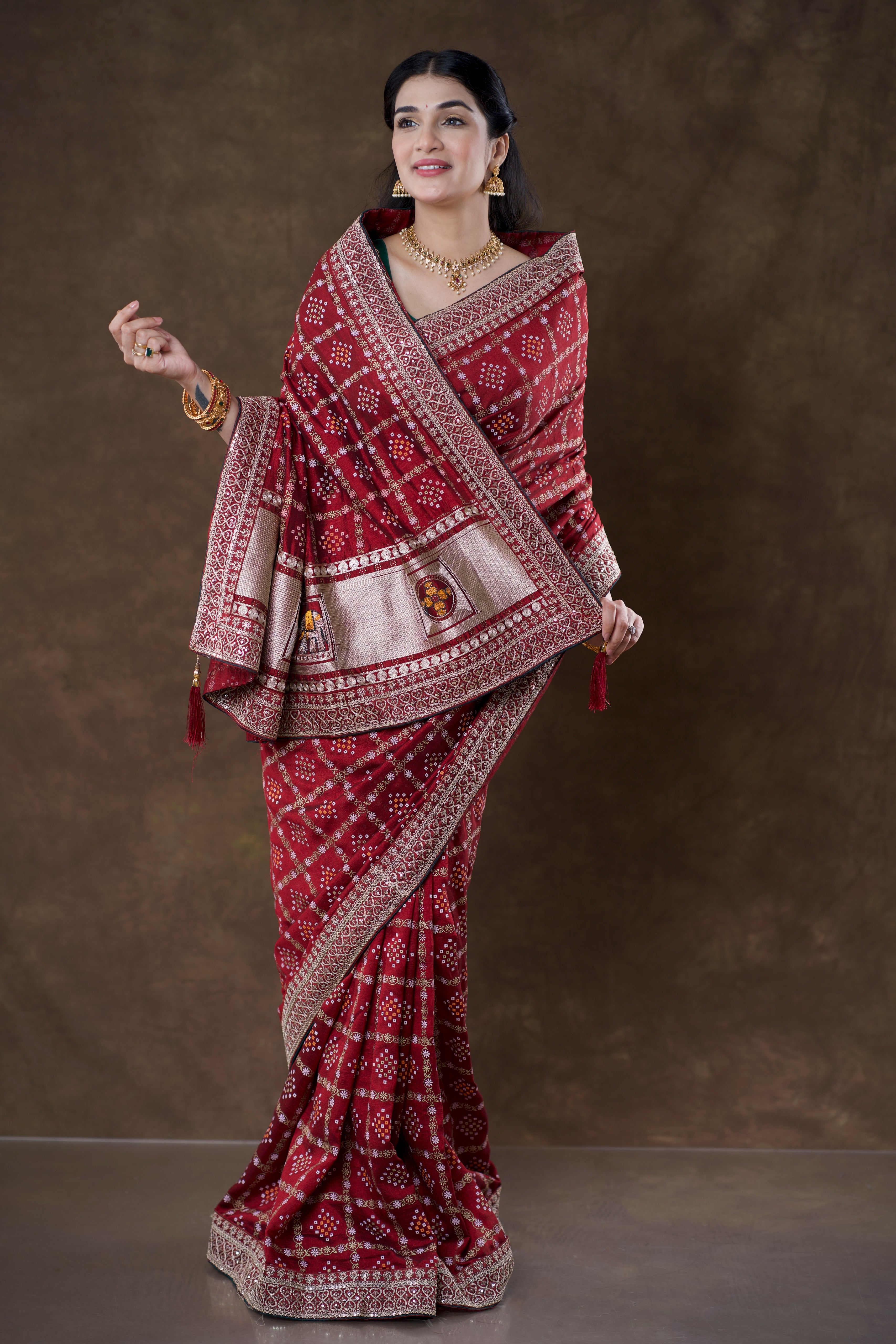 Crimson Red Blended Silk Bandhani Saree