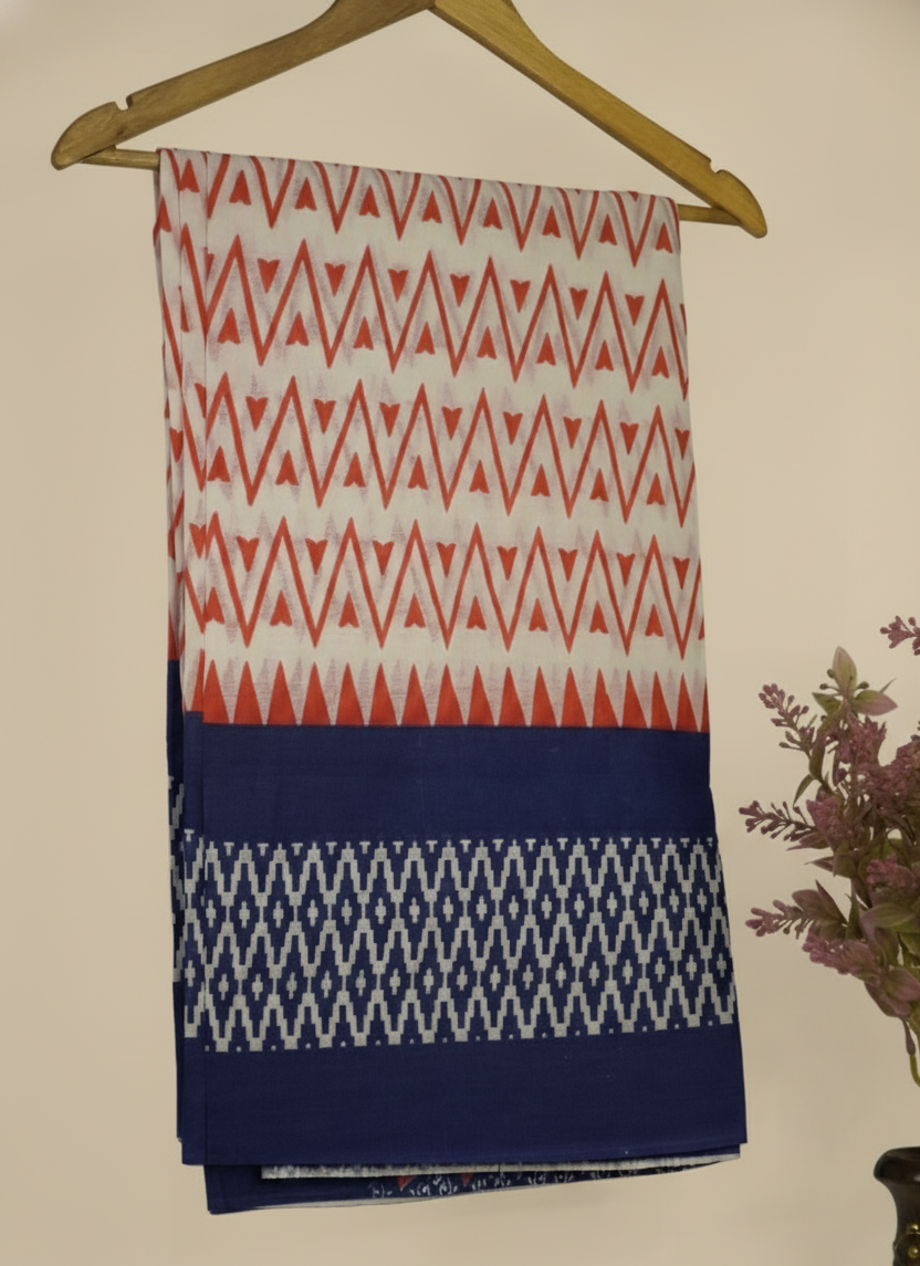 White and Indigo Blue Mul Cotton Saree