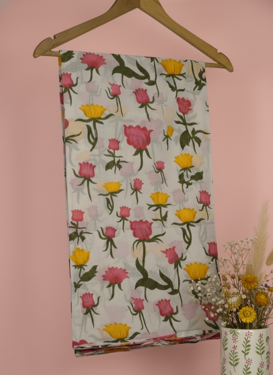 White & Pink Floral Cotton Saree #2