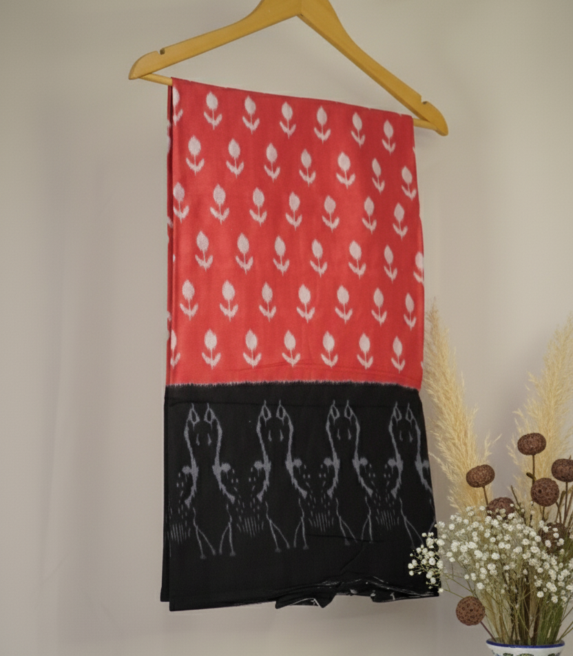 Crimson Pink and Black Mul Cotton Saree