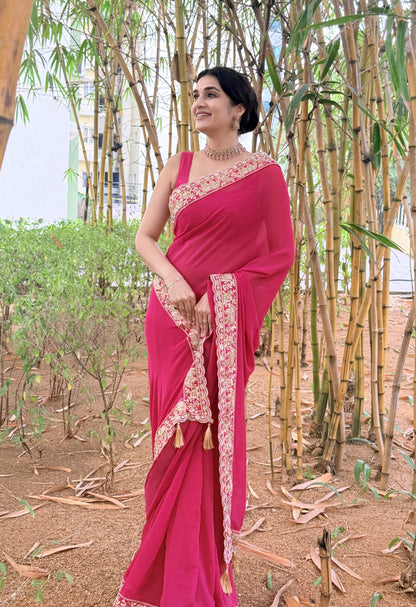 Rani Pink Embroidered Georgette Saree