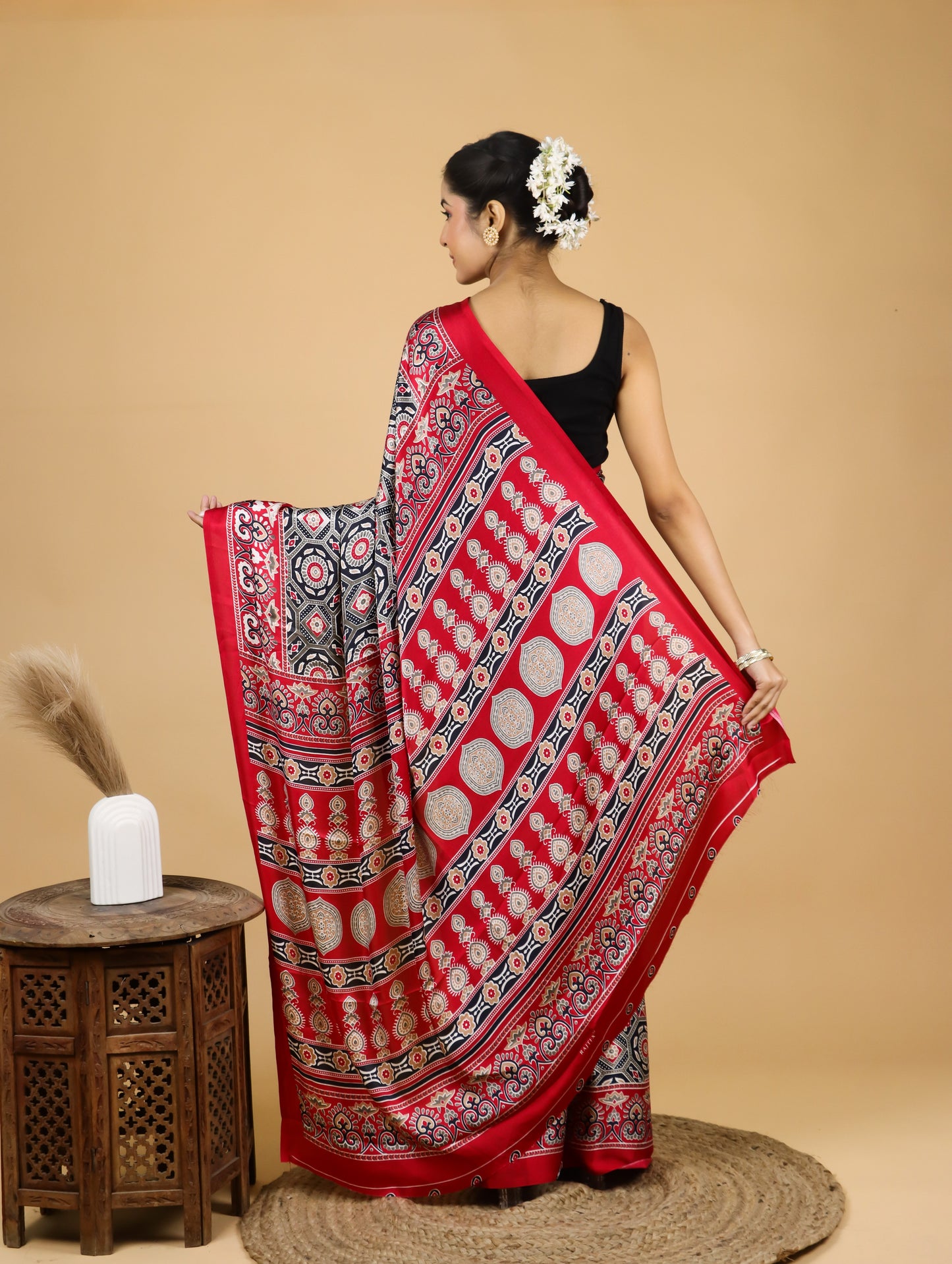 Crimson Red Satin Printed Saree