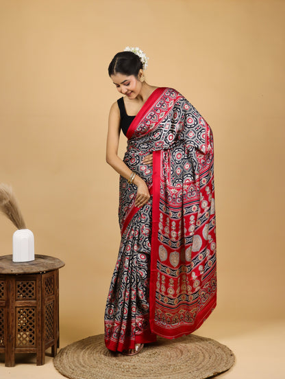 Crimson Red Satin Printed Saree