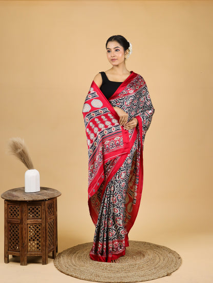 Crimson Red Satin Printed Saree