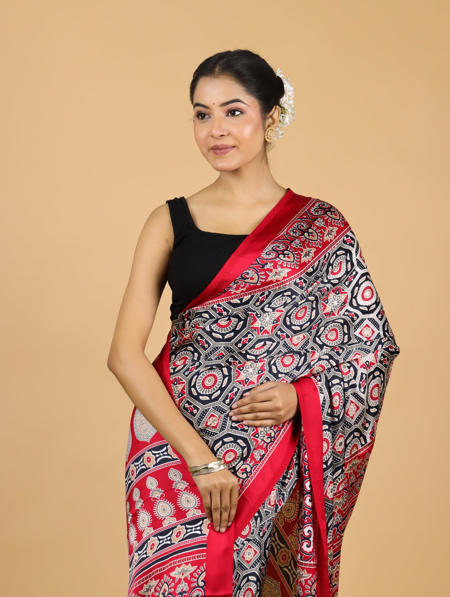 Crimson Red Satin Printed Saree
