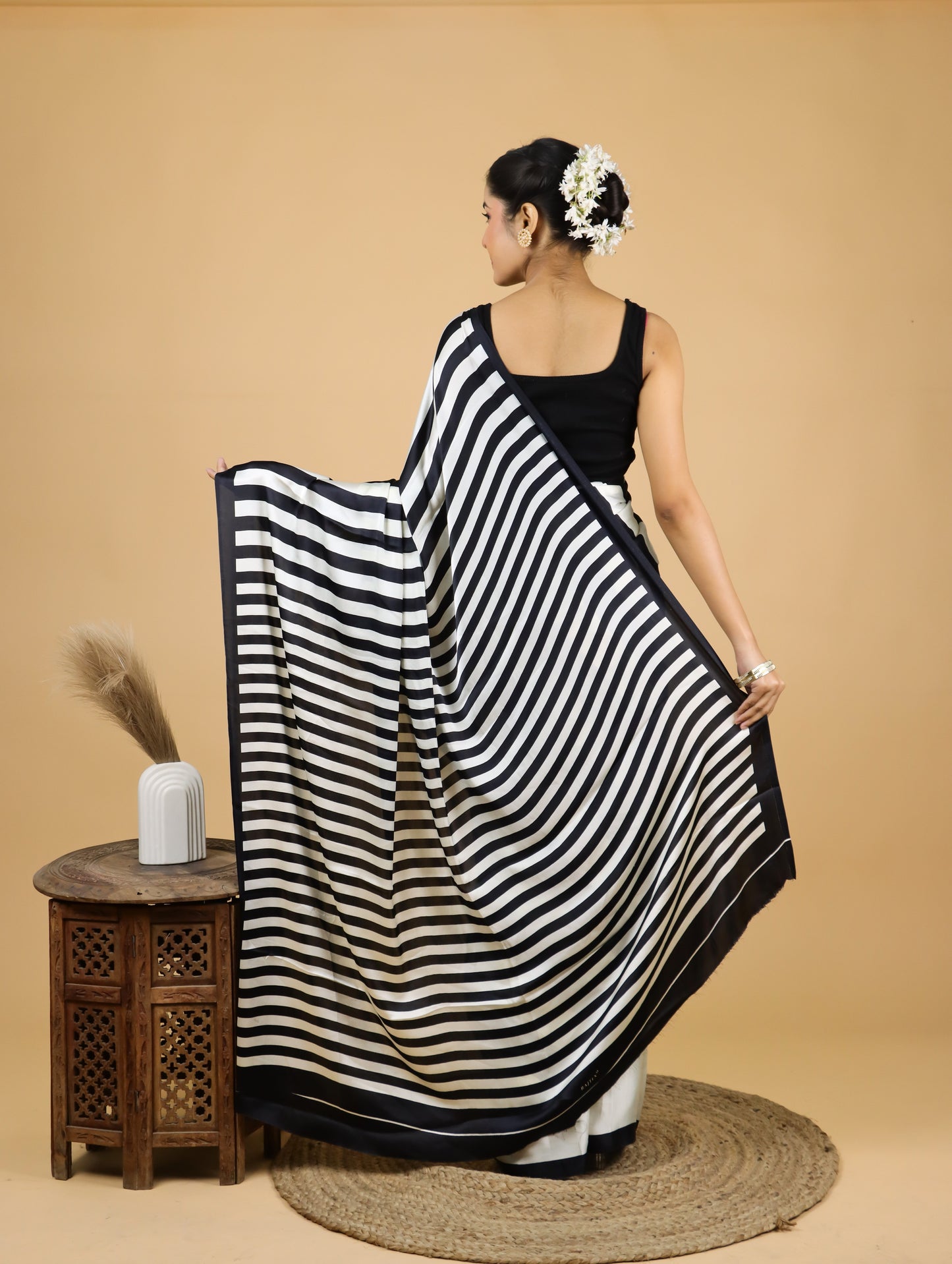 Black and White Striped Satin Saree