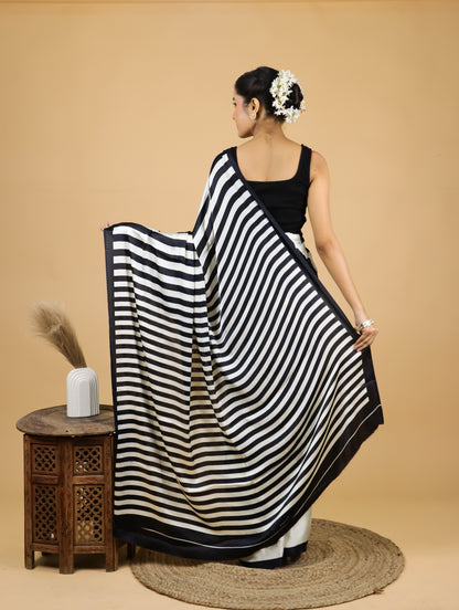 Black and White Striped Satin Saree