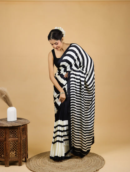 Black and White Striped Satin Saree