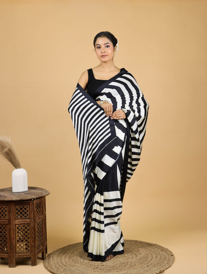 Black and White Striped Satin Saree