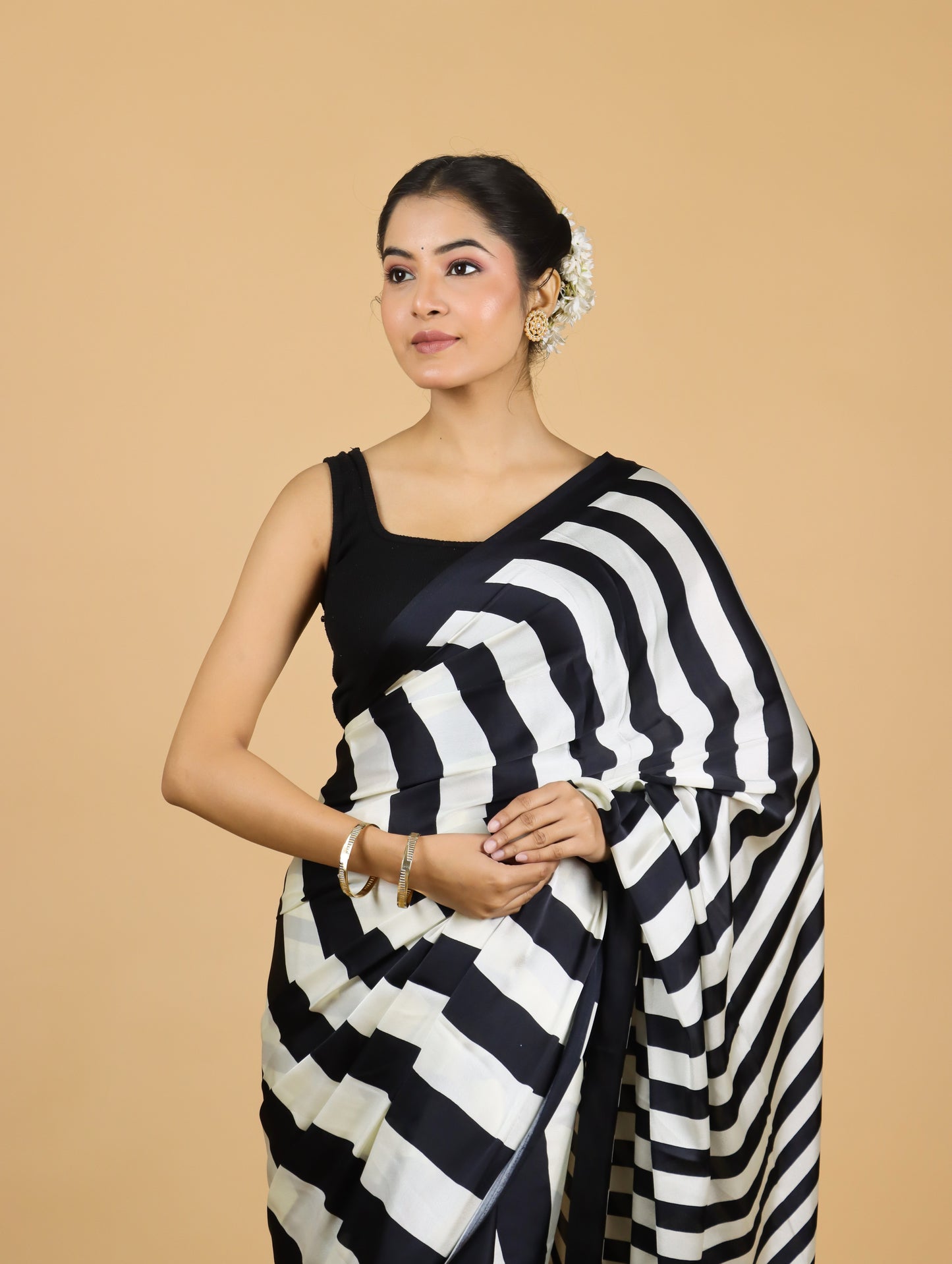 Black and White Striped Satin Saree