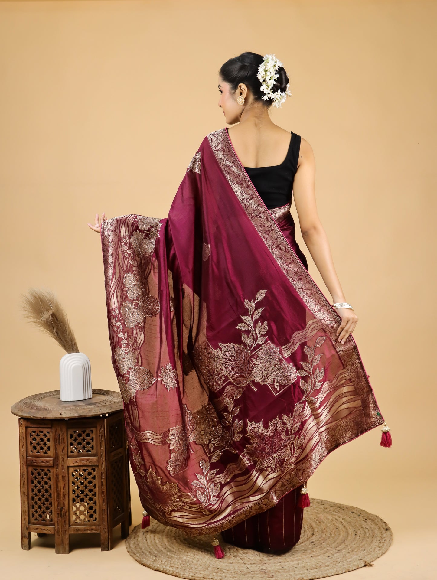 Garnet Red Zari Weave Mashru Saree